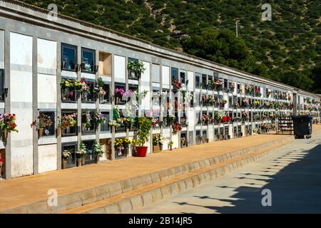 Spanish cemetery with family vaults, Oriheula, Costa Blanca, Spain, Stock Photo