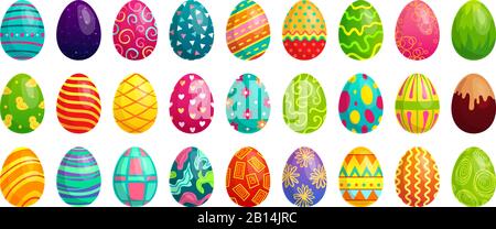 Easter eggs. Spring colorful chocolate egg, cute colored patterns and happy easter decoration cartoon vector set Stock Vector