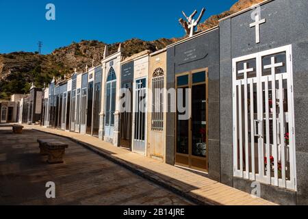 Spanish cemetery with family vaults, Oriheula, Costa Blanca, Spain, Stock Photo