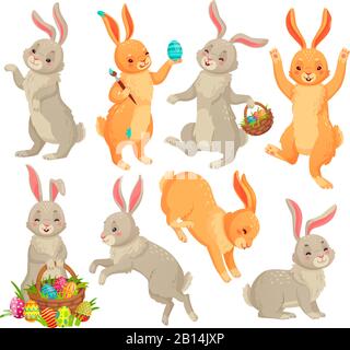 Easter bunny. Jumping rabbit, dancing funny bunnies animals and rabbits easters eggs vector cartoon illustration set Stock Vector