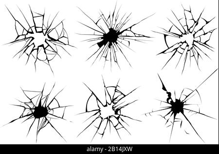 Cracked glass. Broken window, shattered glassy surface and break windshield glass texture silhouette vector illustration set Stock Vector