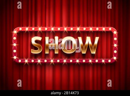 Theater show label. Festive stage lights shows, golden text on red curtains vector background illustration Stock Vector