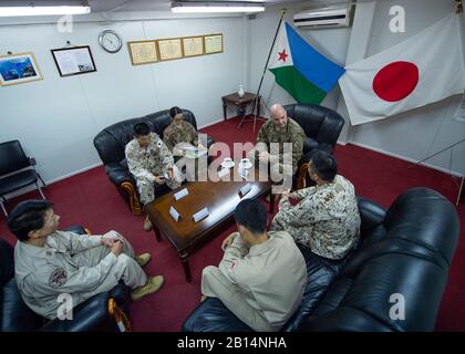 U.S. Air Force Brig. Gen. James R. Kriesel, the deputy commanding general of Combined Joint Task Force-Horn of Africa (CJTF-HOA), talks with Japanese Maritime Self Defense Force (JMSDF) partners during a familiarization meet and greet March 4, 2019, in Djibouti. The meeting served as an opportunity for CJTF-HOA leadership to gain a better perspective of the JMSDF mission. (U.S. Air Force photo by Tech. Sgt. Shawn Nickel)