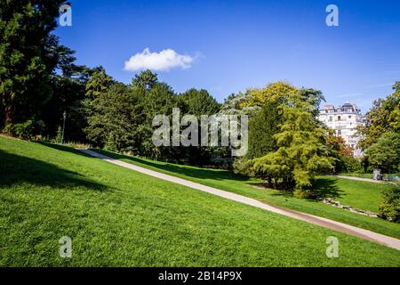 Buttes-Chaumont famous Park in summer, Paris, France Stock Photo