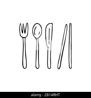 A set of cutlery made of bamboo. Eco-friendly European and Asian cutlery. Fork, spoon, knife, bamboo sticks. Black and white illustration on a white b Stock Vector