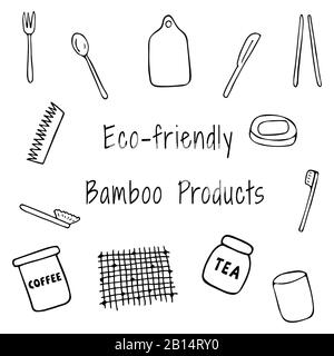 Set eco-friendly bamboo products doodle illustration. A glass, a stand for soap, soap, a toothbrush, fork, spoon, knife, bamboo sticks, comb, cup, rug Stock Vector