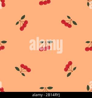 Seamless pattern with ripe berries of a cherry on a beige and pink background. Colorful illustration. Suitable as packaging, print, fabric, paper Stock Vector