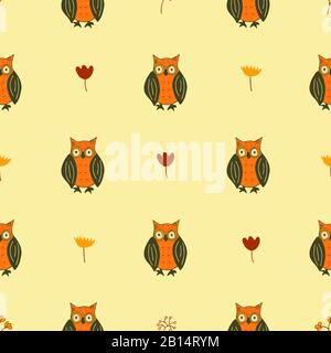 Seamless pattern with cute owls, flowers and twigs on a beige background. Colorful illustration. Suitable as packaging, print, fabric, paper Stock Vector