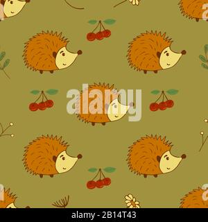 Seamless pattern with cute hedgehogs, cherry berries, twigs and flowers. Colorful illustration. Suitable as packaging, print, fabric, paper Stock Vector