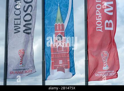 MOSCOW, RUSSIA - June, 04, 2017 Flags with the symbols of the Cup of Confederations of the FIFA 2017 on football on the Vorobyovy Gory in Moscow. Stock Photo