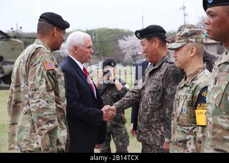 U.S. Vice President Michael R. Pence shakes hands with South Korean Gen. Leem Ho-Young, deputy commanding general of Combined Forces Command, near the demilitarized zone in South Korea, April 17, 2017. Pence is making his first trip to South Korea in order to receive a strategic overview of the peninsula. (U.S. Army photo by Sgt. 1st Class Sean K. Harp)