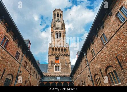 View from inside of Market Square on Belfort or Belfry Tower in Bruges, Belgium Stock Photo