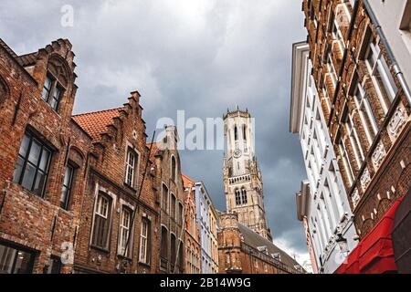 View from inside of Market Square on Belfort or Belfry Tower in Bruges, Belgium Stock Photo