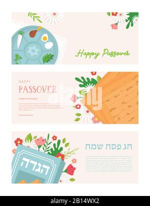Jewish Passover holiday, Pesah celebration concept. Jewish banner with Haggadah book, Matzo and Seder plate. Vector holiday banners with spring Stock Vector