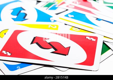 Umea, Norrland Sweden - February 16, 2020: lots of uno cards that are randomly on the table Stock Photo