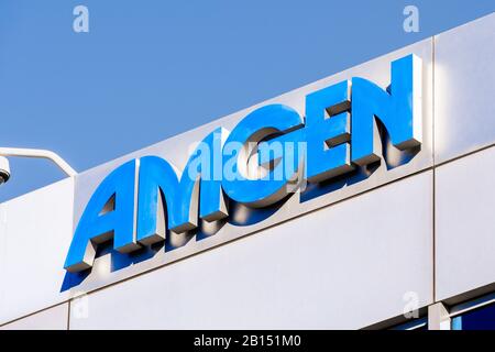 Feb 2, 2020 South San Francisco / CA / USA - Amgen sign at their headquarters in Silicon Valley; Amgen Inc. is an American multinational biopharmaceut Stock Photo