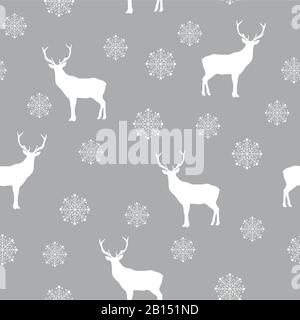White deer and snowflake on grey background. Christmas semaless repeat pattern. Perfect for wrapping, paper, textile design and decoration. Vector. Stock Vector
