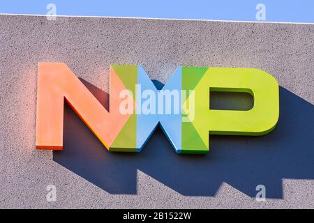 Feb 18, 2020 San Jose / CA / USA - NXP logo at the Company headquarters in Silicon Valley; NXP Semiconductors N.V. is a global semiconductor manufactu Stock Photo