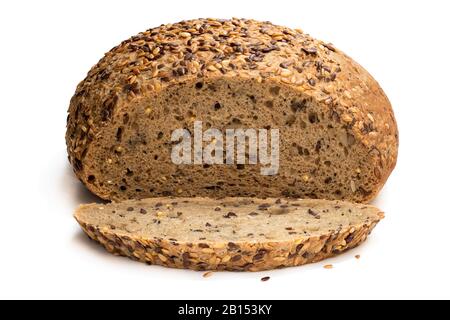 Gluten  free multi seed bread with linseed isolated on white Stock Photo