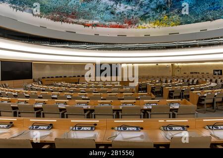 Geneva, Switzerland - April 15, 2019:  An assembly hall in the Palace of Nations - UN headquarters in Geneva, Switzerland - image Stock Photo