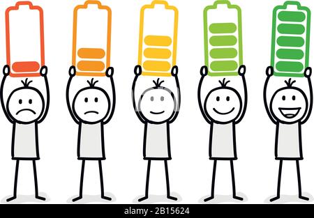 set of person with different level of battery energy Stock Vector