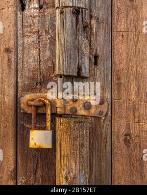 An old, rusty padlock is fastened to a door clasp.  The texture of the wooden door pronounces the grain and some of the wood is rotting. Stock Photo