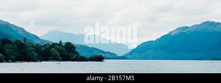 Perfect Summer Day at Loch Lomond near Luss, Scotland, UK, banner size Stock Photo