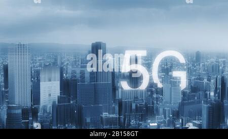 5g internet technology and network connection technology in the city Stock Photo