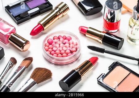 Makeup professional cosmetics on white background. Stock Photo