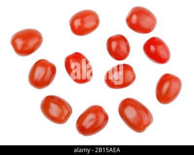 Group of cherry tomatoes isolated on white background. Top view. Stock Photo