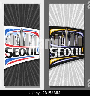 Vector vertical layouts for Seoul, invitation with line illustration of contemporary seoul city scape on day and evening sky background, design touris Stock Vector
