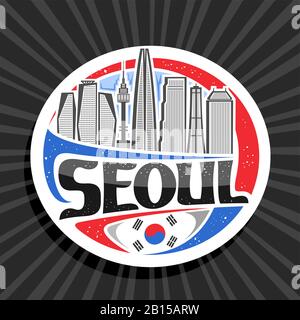 Vector logo for Seoul, white decorative circle badge with line illustration of contemporary seoul city scape on sky background, design tourist fridge Stock Vector