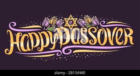 Vector greeting card for Jewish Passover, decorative invitation with curly calligraphic font, curls and confetti, tulip flowers and star of David, swi Stock Vector