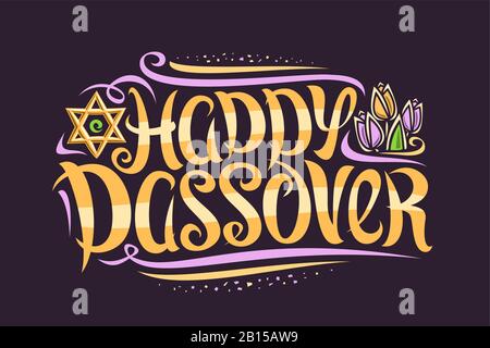 Vector greeting card for Jewish Passover, decorative flyer with curly calligraphic font, swirls and flourishes, tulip flowers and star of David, swirl Stock Vector