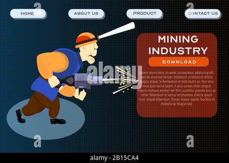 Mining industry site template. Application and software development header poster design. Vector illustration of a miner worker with air hammer Stock Vector