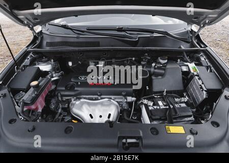 DNIPRO, UKRAINE - FEBRUARY 19, 2020: TOYOTA RAV4 2006, UNDER THE HOOD Stock Photo