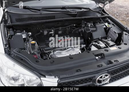 DNIPRO, UKRAINE - FEBRUARY 19, 2020: TOYOTA RAV4 2006, UNDER THE HOOD Stock Photo