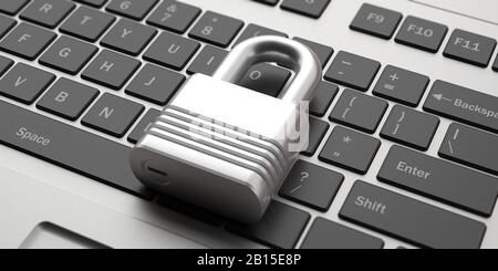 Padlock on a computer keyboard background. Laptop locked, antivirus, anti theft, data protection concept. 3d illustration Stock Photo