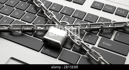 Computer locked, antivirus, anti theft, data protection concept. Padlock and chains on a laptop keyboard background. 3d illustration Stock Photo