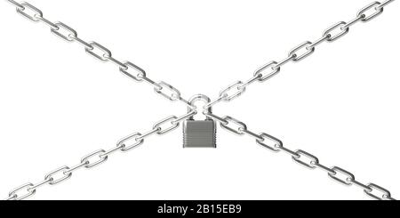 Privacy, access forbidden, boundary concept. Padlock locking four chains isolated cutout against white background. Steel metal chrome lock closed, 3d Stock Photo