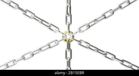 Chains connected with one gold link isolated cutout against white background. Central network connection, support structure, organisation, teamwork co Stock Photo