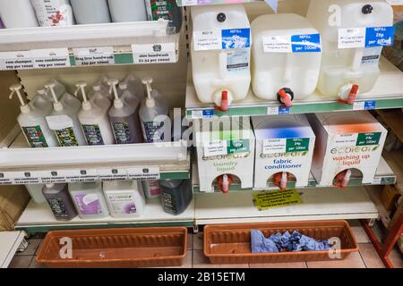 Eco,products,reusable,bottle,in,eco,shop,Glastonbury,town,Somerset,England,English,GB,Great,Britain,British,England,English,United Kingdom,UK, Stock Photo