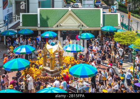 Bangkok, Thailand - September 16, 2019: Erawan Shrine, also known as the Thao Maha Phrom Shrine, one of the most popular Hindu shrines in downtown Ban Stock Photo