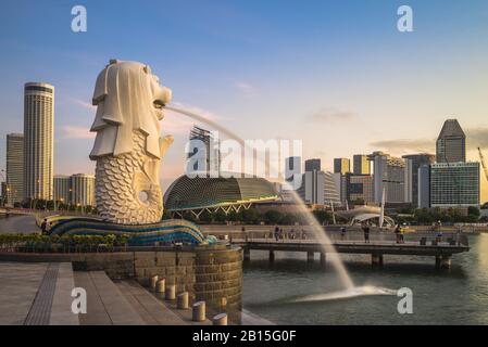 Singapore, Singapore - February 6, 2020: Merlion Statue at Marina Bay, a mythical creature with a lion's head and the body of a fish