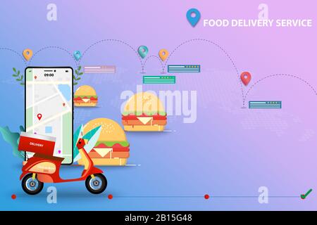 Concept of food delivery service, scooter is on front of smartphone which contain map and GPS. Hamburger are in the background together with map. Stock Vector