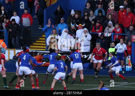 Cardiff, UK. 23rd Feb, 2020. French rugby fans in fancy dress look on during play. Wales v France, Womens Six Nations championship 2020 international rugby match at the BT Sport Cardiff Arms Park in Cardiff, Wales, UK on Sunday 23rd February 2020. pic by Andrew Orchard/Andrew Orchard sports photography /Alamy Live News EDITORIAL USE ONLY Credit: Andrew Orchard sports photography/Alamy Live News Stock Photo