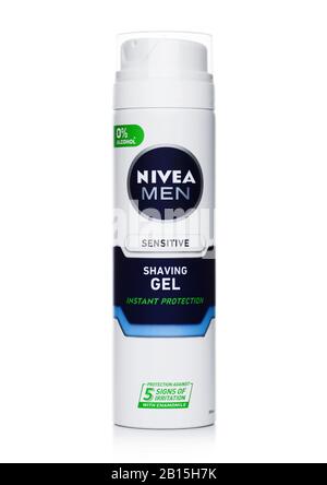 LONDON, UK - FEBRUARY 12, 2020: Container of Nivea Men Sensitive Shaving Gel on white. Stock Photo