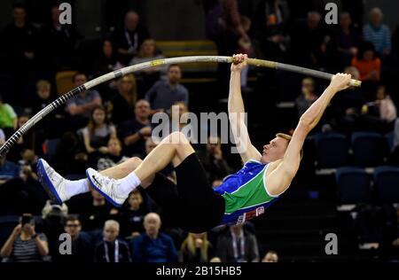 Adam Hague competes in the Pole Vault during day two of the SPAR British Athletics Indoor Championships at Emirates Arena, Glasgow. Stock Photo