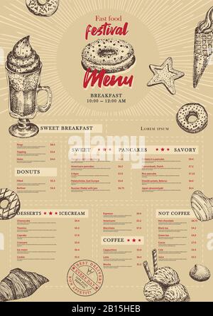 City food festival menu design template in retro style on brown old paper background. Hand drawn sketch sweety elements. Vintage breakfast card Stock Vector