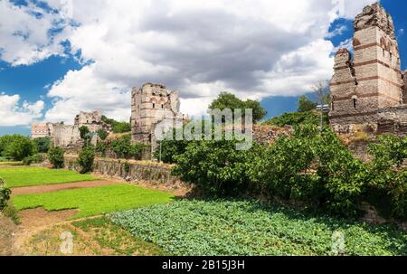 Famous ancient walls of Constantinople in Istanbul, Turkey Stock Photo